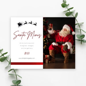 Plantilla de marketing para minisesiones de Papá Noel, nieve, invierno, vacaciones, Papá Noel, folleto de sesión fotográfica, descarga digital