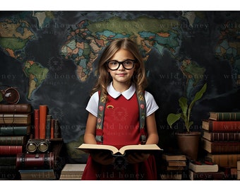 Back To School Digital Backdrop, Boy Girl, Blackboard, Black Studio, Map, Books, Background Photography, Composite, Elementary, Primary