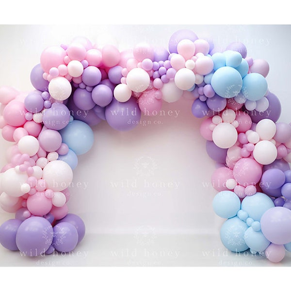 Pastel Balloon Arch Digital Backdrop, Purple, Pink, Blue, Balloon Garland, White Studio Digital Background, Cake Smash, Birthday