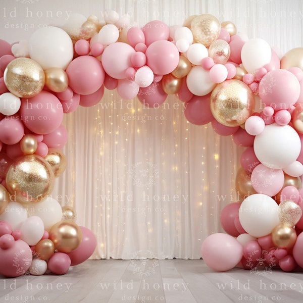 Balloon Arch Digital Backdrop, Pink and Gold Balloon Garland, White Studio background, Cake Smash, Birthday