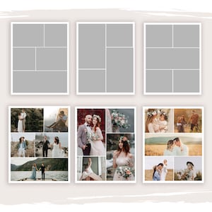 May include: A collage of nine wedding photos featuring a couple, their families, and friends. The photos are arranged in a grid pattern and show the couple in various settings, including a forest, a lake, and a field.