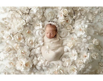 Newborn Digital Backdrop, White Flowers, Curly Wool Layer, Overhead, Above, Background, Newborn, Baby, Photography