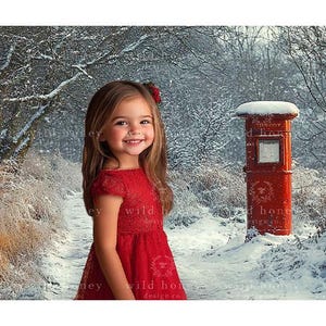 Fondo digital de buzón navideño, correo, carta a Papá Noel, blanco, nieve, invierno, árboles, nevado, fondo digital, fotografía, composición