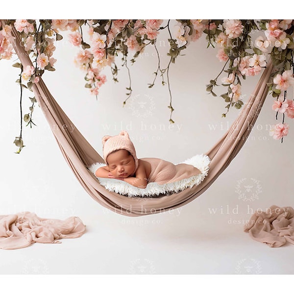 Newborn Hammock Digital Backdrop, Pink Flowers, Baby Swing, Hammock, Baby Girl, White Studio, Digital Background