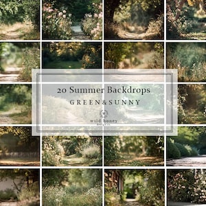 Pode incluir: Uma coleção de 20 fundos de verão com um tema verde e ensolarado. As imagens apresentam caminhos, folhagens e luz natural, criando uma atmosfera serena. O texto na imagem diz "20 Summer Backdrops GREEN & SUNNY".