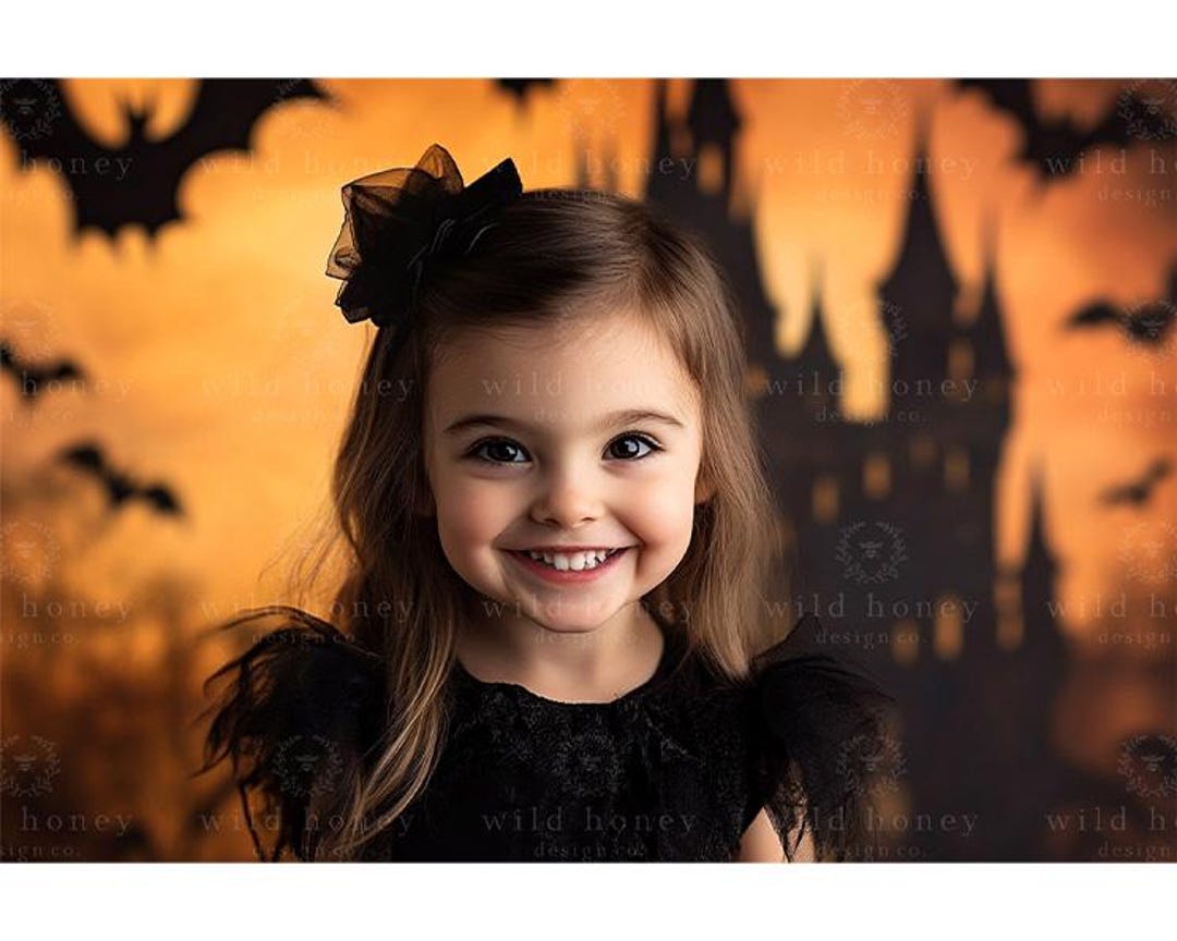 Haunted Castle Digital Backdrop, Orange, Night, Pumpkins, Jack O
