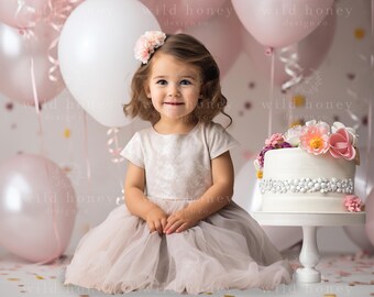 Pink Cake Smash Digital Backdrop, Balloons, Birthday, Cake, White Studio, Baby, Digital Background