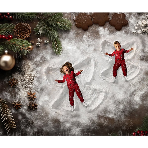 Christmas Baking Digital Backdrop, Snow Angels, Flour, Cookies, Child, Portrait, Fun, Digital Background