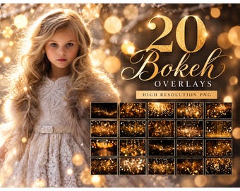 Op de afbeelding: Een digitale collectie van 20 bokeh-overlays met gouden lichteffecten. De afbeelding toont een jong persoon met lang blond haar in een witte jurk met textuur en een imitatiebont sjaal, naast een raster met 20 miniatuurvoorbeelden.