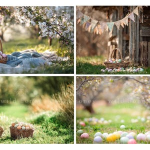 May include: A collection of four images featuring Easter-themed scenes. Wicker baskets filled with pastel-colored eggs are placed in grassy areas. One image includes a small brown rabbit. The backgrounds include blooming trees and rustic wooden structures.