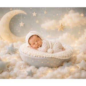 Moon and Stars Newborn Digital Backdrop: Clouds, Lights, Studio (Digital Download)