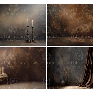 Pode incluir: Quatro imagens de fundo de estúdio com uma estética vintage. Os fundos apresentam paredes texturizadas em tons de castanho, cinza e dourado. Uma imagem inclui um par de velas acesas em castiçais ornamentados. O logotipo Wild Honey Design Co. é visível.