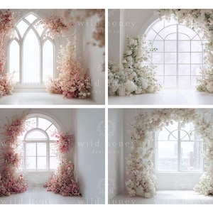 May include: Four images of floral backdrops with arched windows. The backdrops feature white walls, windows, and abundant floral arrangements in shades of pink and white. The text "wild honey design co" is visible.