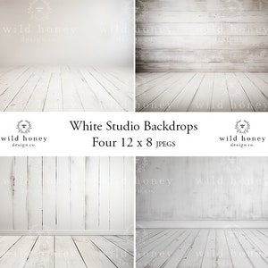 Könnte beinhalten: Vier weiße Holz-Hintergrundbilder für die Fotografie. Jedes Bild zeigt eine andere weiße Holzstruktur. Die Bilder sind 12 Zoll mal 8 Zoll groß.