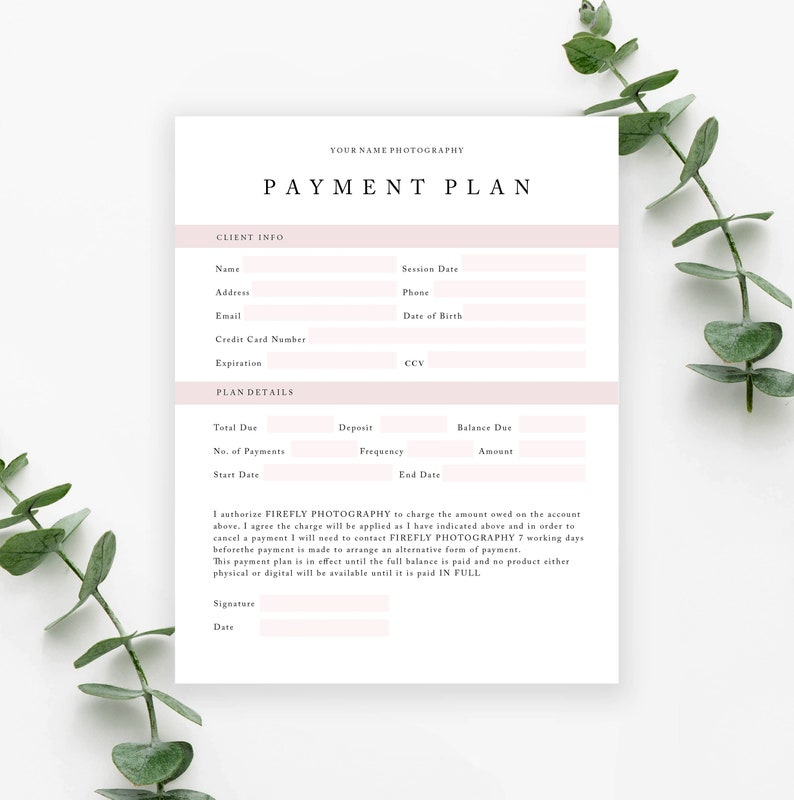 Photography Payment Plan Form Template Client Etsy