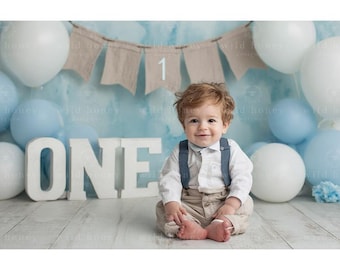 Fondo digital para el primer cumpleaños: Globos azules, pancarta, estudio (descarga digital)