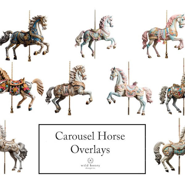 Photorealistic Carousel Horse Overlays, Clipart, 9 PNGs, Whimsical, Horses, Merry Go Round, Fairground, Fair, Transparent PNG