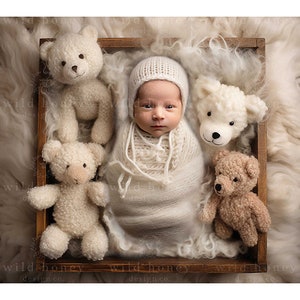 Fondo digital de osito de peluche para recién nacidos, ositos de peluche tejidos, juguetes, caja de madera, lana, fotografía de recién nacidos, vista aérea, compuesto