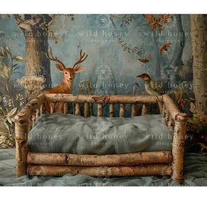 LUXE PAINTED COLLECTION Newborn Digital Backdrop, Log Bed, Woodland Animals, Painted Woodland, Studio, Newborn Photography, Baby, Background