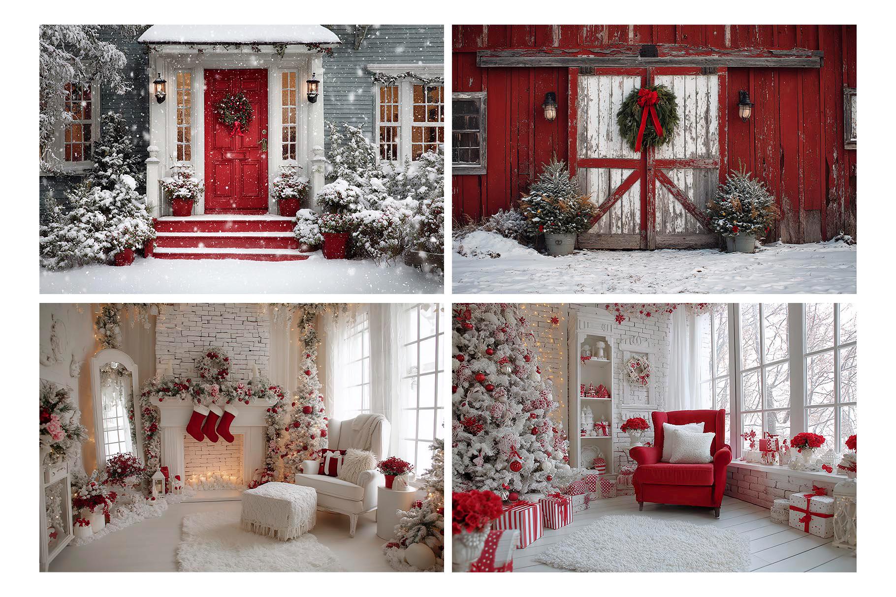 Red and White Christmas Backdrops: Barn, Room, Front Door BUNDLE - Etsy