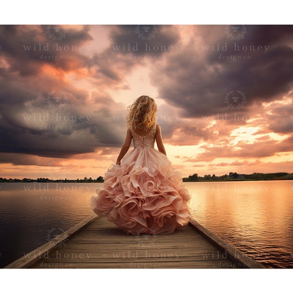 Lake Sunset Digital Backdrop, Jetty, Pink Light, Summer, Maternity, Portrait Photography, Digital Background