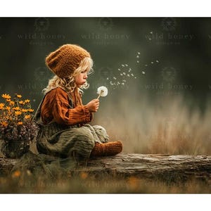 Puede incluir: Un niño con gorro de punto marrón y camisa color óxido sopla semillas de diente de león. El niño está sentado en un tronco con un ramo de flores amarillas cerca. El fondo es un verde suave y borroso.