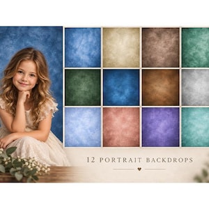 May include: A collection of 12 portrait backdrops featuring various textured colors including blue, beige, brown, green, gray, pink, and purple. The display includes a sample image of a child in a white dress against a blue backdrop and the text 12 PORTRAIT BACKDROPS.
