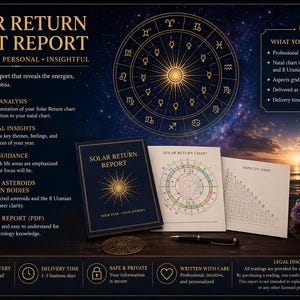 May include: An astrology report titled "Solar Return Chart Report" with a celestial background. The image includes a book, charts, and a globe. The report promises detailed analysis, emotional insights, and focus guidance.