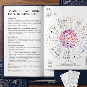 Op de afbeelding: Een open boek met een donkerblauwe kaft toont een gedetailleerde astrologische kaart en tekst getiteld "Planeten naar Midpunten Interpretatie Rapport". Het rapport bevat beschrijvingen en leveringsinformatie. Een pen en extra papieren zijn ook zichtbaar.