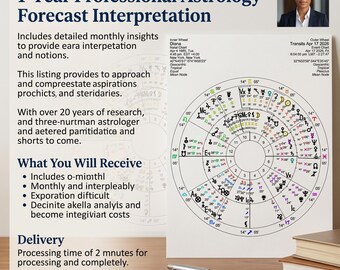 Puede incluir: Anuncio de un servicio profesional de interpretación de pronósticos astrológicos. La imagen muestra una carta astral detallada, un bolígrafo y libros. El texto detalla los conocimientos mensuales y lo que el cliente recibirá.