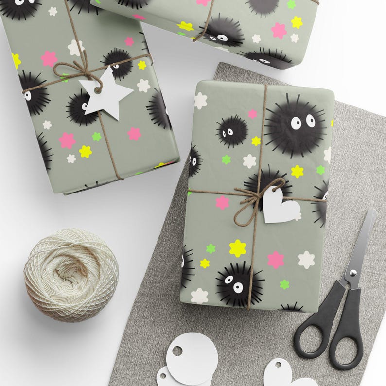 Papel de regalo gris Soot Sprite/Susuwatari Ghibli, papel de regalo para cumpleaños, baby showers, ocasiones especiales, papel de regalo reutilizable imagen 3