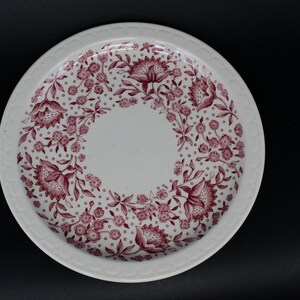 Può includere: Un piatto in ceramica bianca con un motivo floreale rosa attorno al bordo. Il piatto ha un bordo rialzato e una superficie liscia.