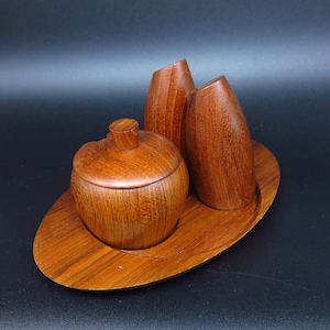 Wooden teak salt, pepper and mustard set with matching tray