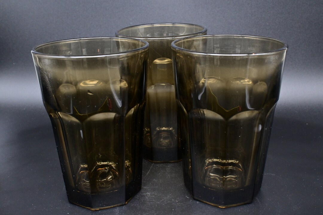 Libbey Ribbed Glassware Set of Three Libbey Gibraltar Flat Bottom Ribbed 12 Oz Glasses in Mocha ...