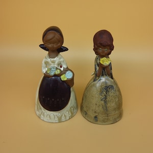 Figural  set of bells made in Japan Vintage red clay Ladies with flowers
