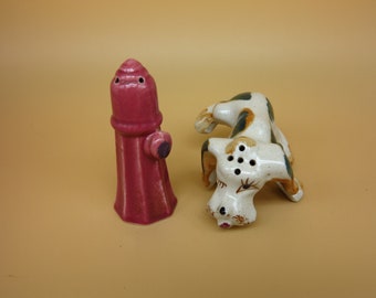 Salt and pepper shakers ceramic dog and fire hydrant set Made in Japan