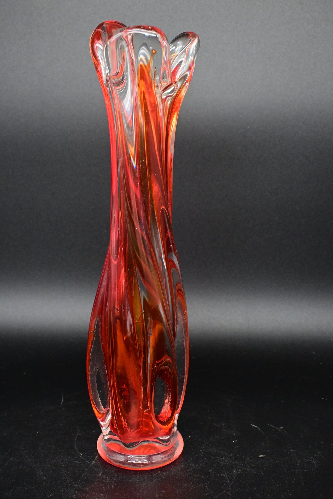 Small MCM Twisted Swung Vase Clear and Orange Glass Etsy