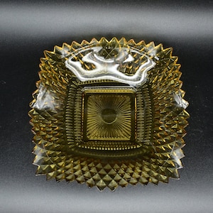 Indiana Glass ruffled square candy dish with diamond edge in amber