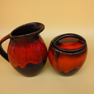 Vintage creamer and lidded sugar made of red clay by Canadian Ceramic Crafts red drip glaze
