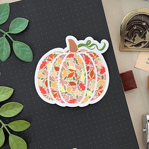 Autumn Pumpkin Leaves Patterned Sticker, Clear, 3in x 3in