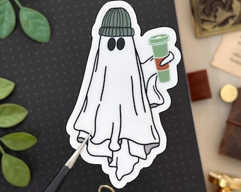 Ghost with Green Beanie and Coffee Sticker, 2x3in