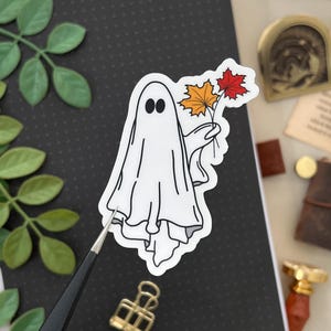 Ghost with Maple Leaves Sticker, 2x3in