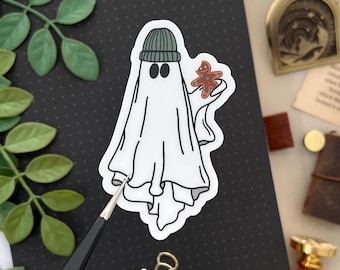 Ghost with Beanie and Gingerbread Sticker, 2x3in