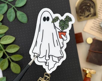 Ghost with Monstera Plant Sticker, 2x3in