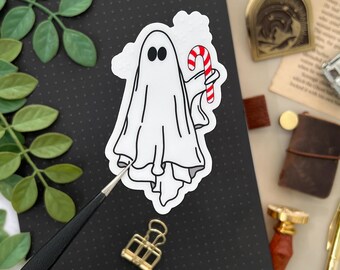Ghost with Candy Cane Sticker, 2x3in