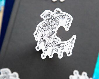 Crescent Moon Flower Clear Sticker, 2.5in x 3in