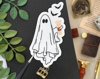 Ghost with Bats and Coffee Sticker, 2x3in