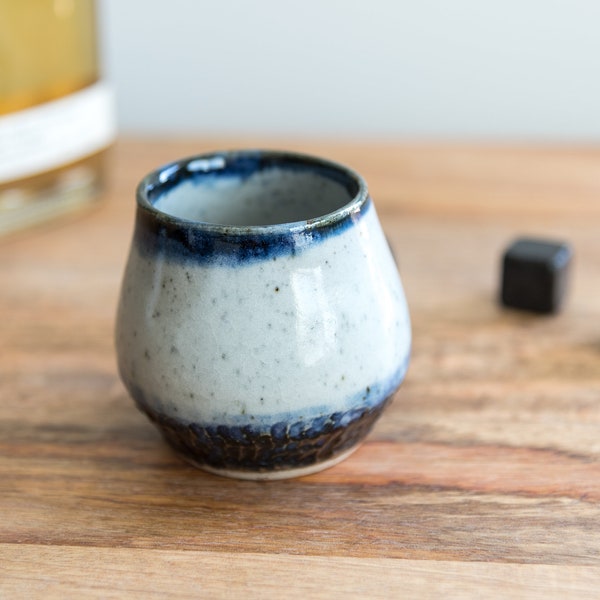 Carved Blue & White Whiskey, Sake, Mezcal, Espresso, Tea Tumblers - Handmade Artisan Ceramic Pottery