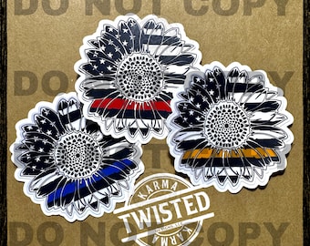 Thin blue, gold, or red line Sunflower, First Responder sticker, LEO, Police, deputy  EMS dispatcher 911 paramedic firefighter