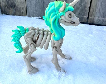 3D Printed Skeleton Unicorn: Articulated Figurine with Colorful Mane